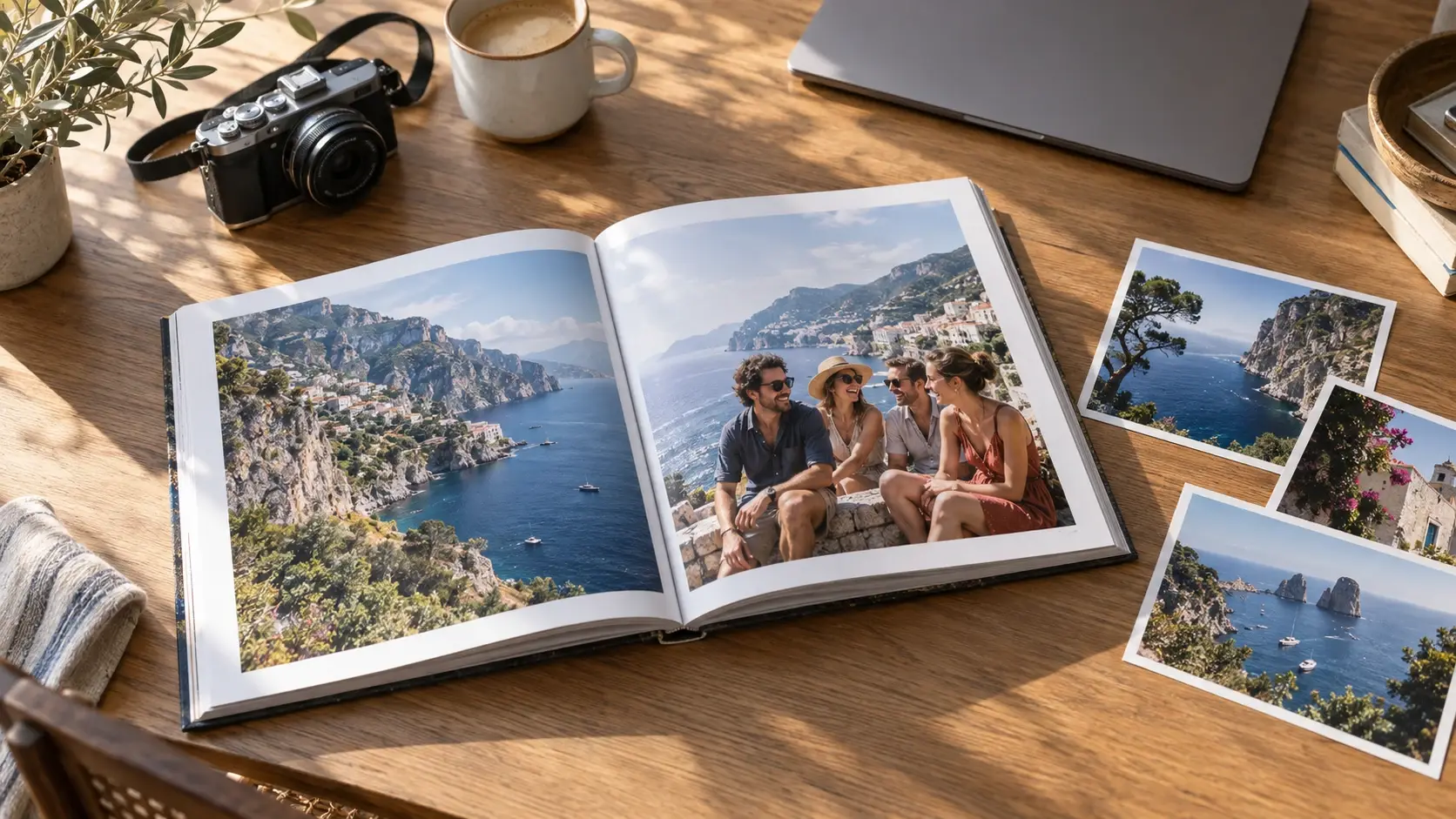 An open travel photo book and loose prints on a wooden desk