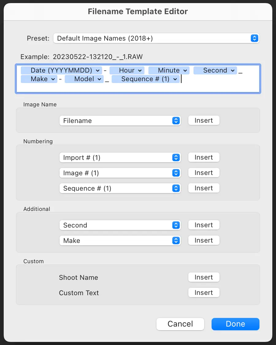 Lightroom-Dateinamen-Vorlage