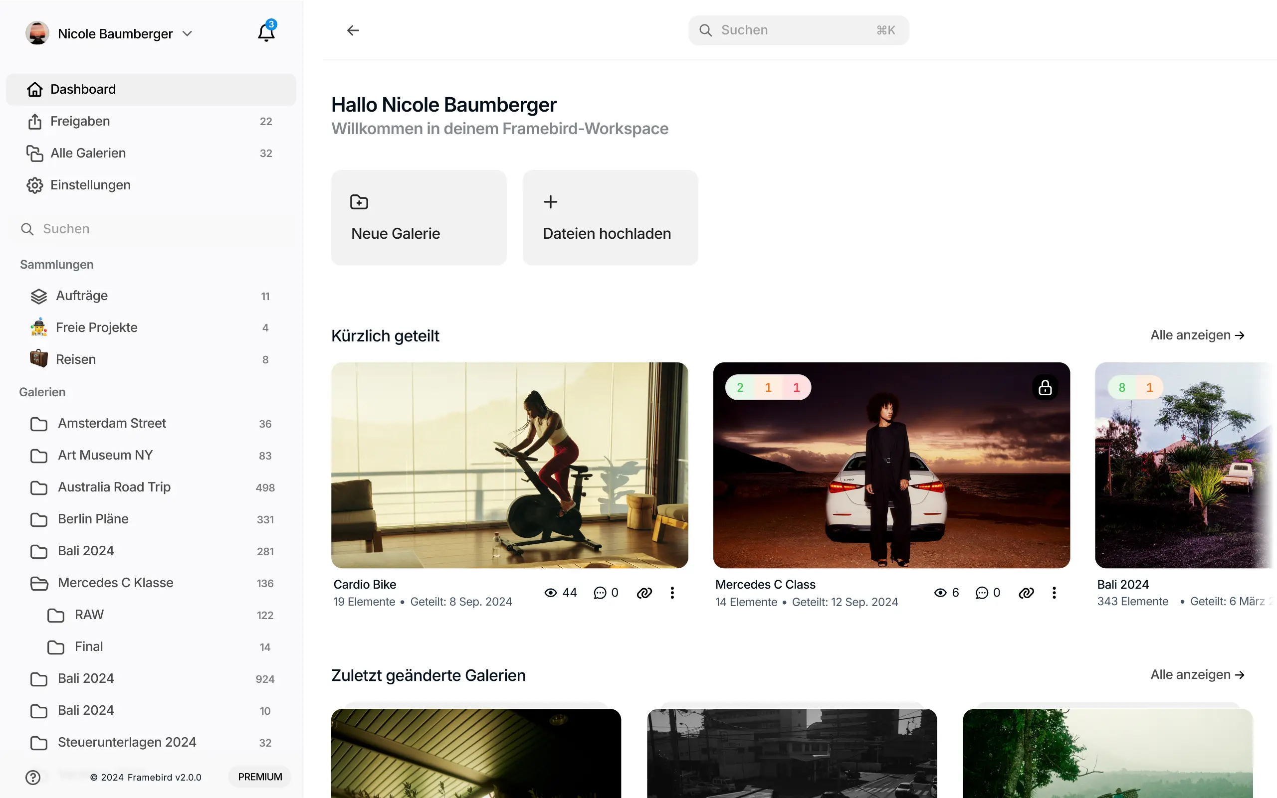 Framebird-Dashboard mit Projektgalerien und Freigaben.